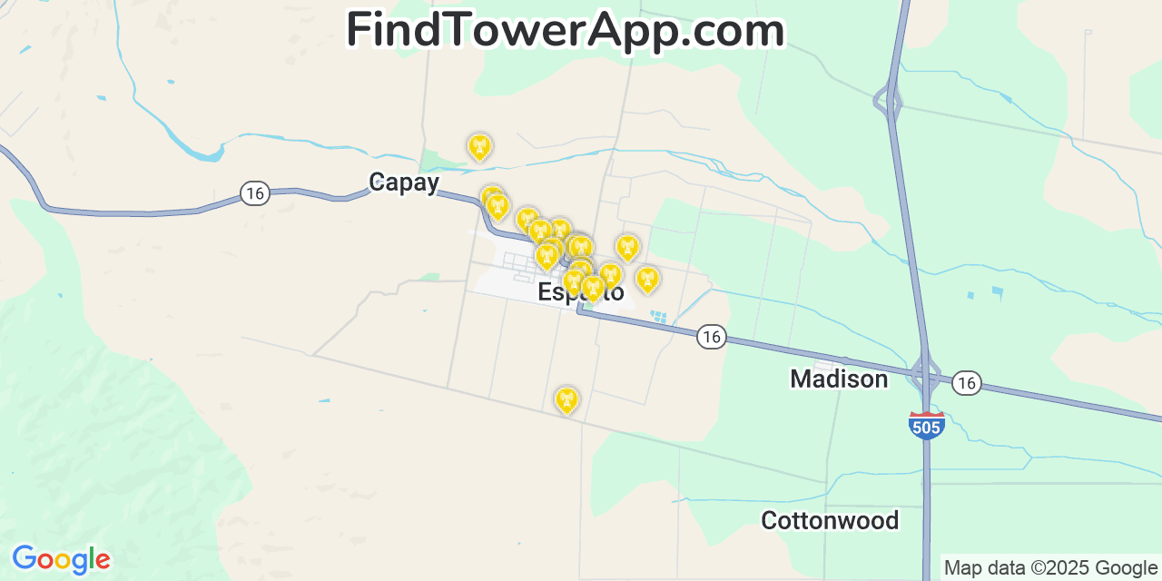 Map showing the 20 primary cell tower locations detected in Esparto, California from AT&T, Verizon, and T-Mobile networks