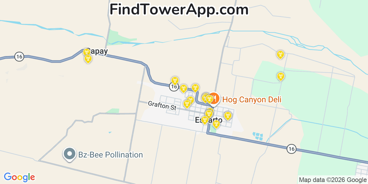 Map showing the 20 primary cell tower locations detected in Esparto, California from AT&T, Verizon, and T-Mobile networks