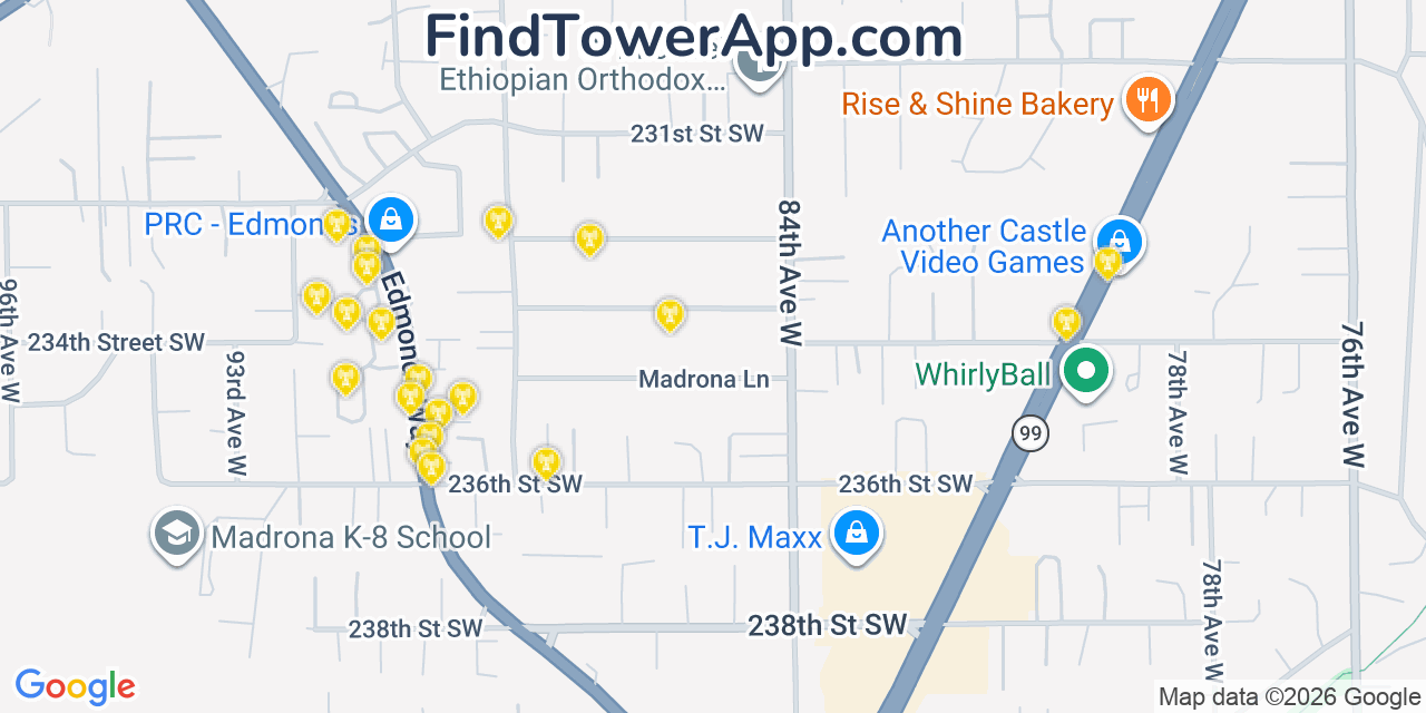 Map showing the 20 primary cell tower locations detected in Esperance, Washington from AT&T, Verizon, and T-Mobile networks