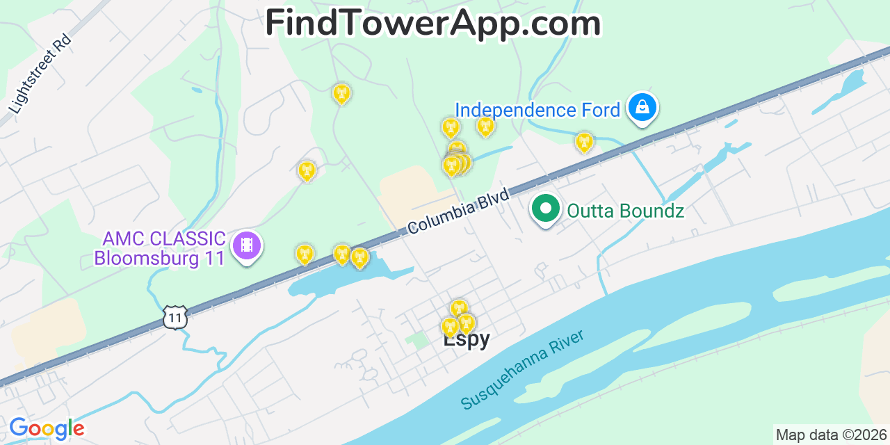 Map showing the 20 primary cell tower locations detected in Espy, Pennsylvania from AT&T, Verizon, and T-Mobile networks