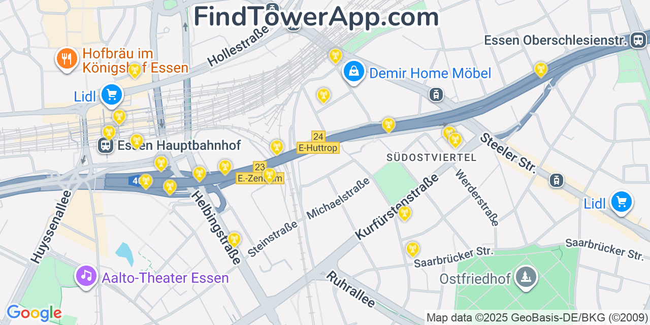 Map showing the 20 primary cell tower locations detected in Essen, Germany with coverage areas and signal strength