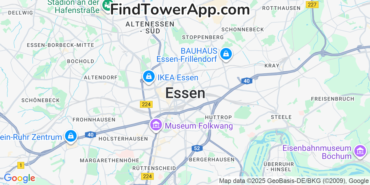 Map showing the 0 primary Telekom cell tower locations detected in Essen, Germany with coverage radius and signal strength indicators