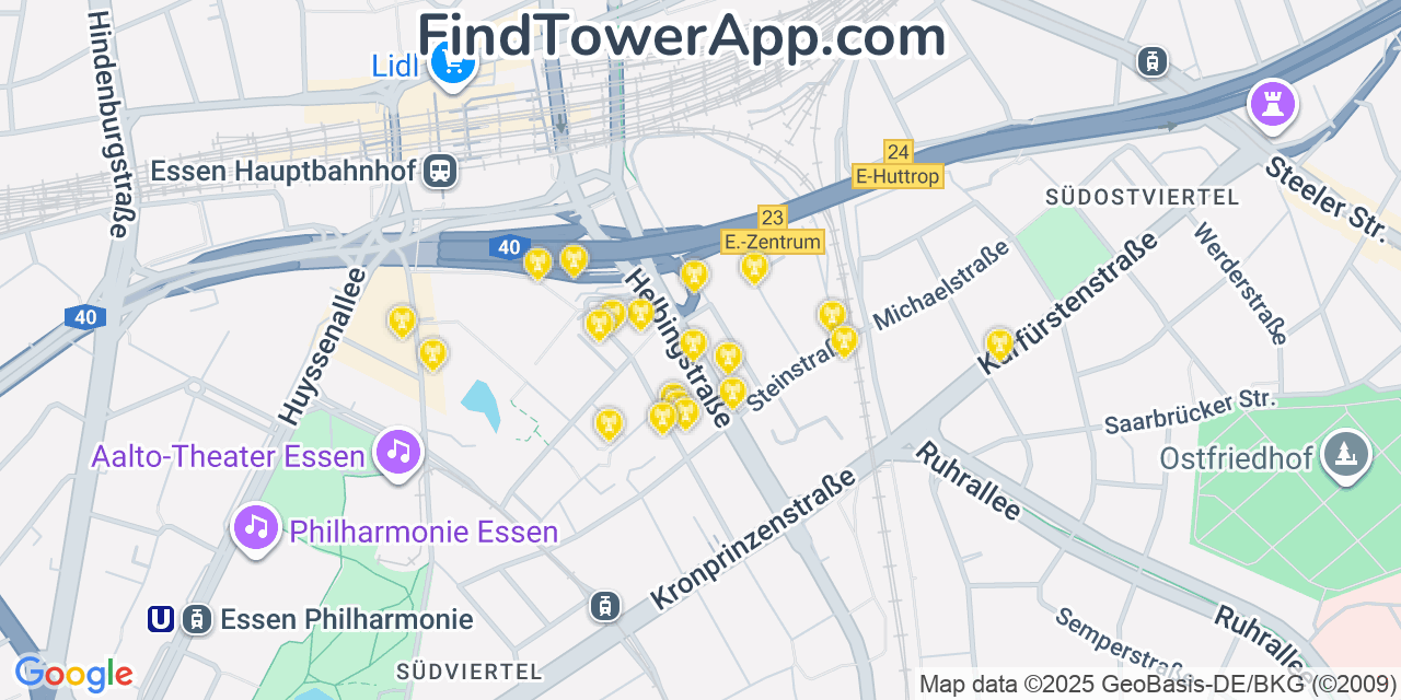 Map showing the 0 primary Vodafone cell tower locations detected in Essen, Germany with coverage radius and signal strength indicators