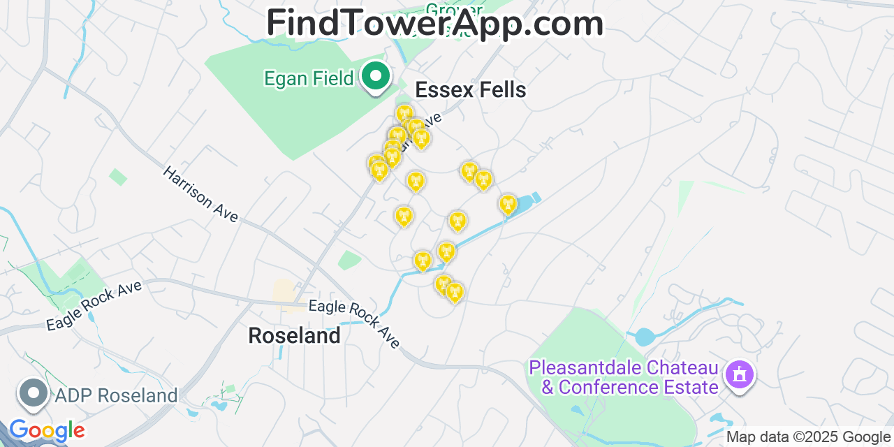 Map showing the 20 primary cell tower locations detected in Essex Fells, New Jersey from AT&T, Verizon, and T-Mobile networks
