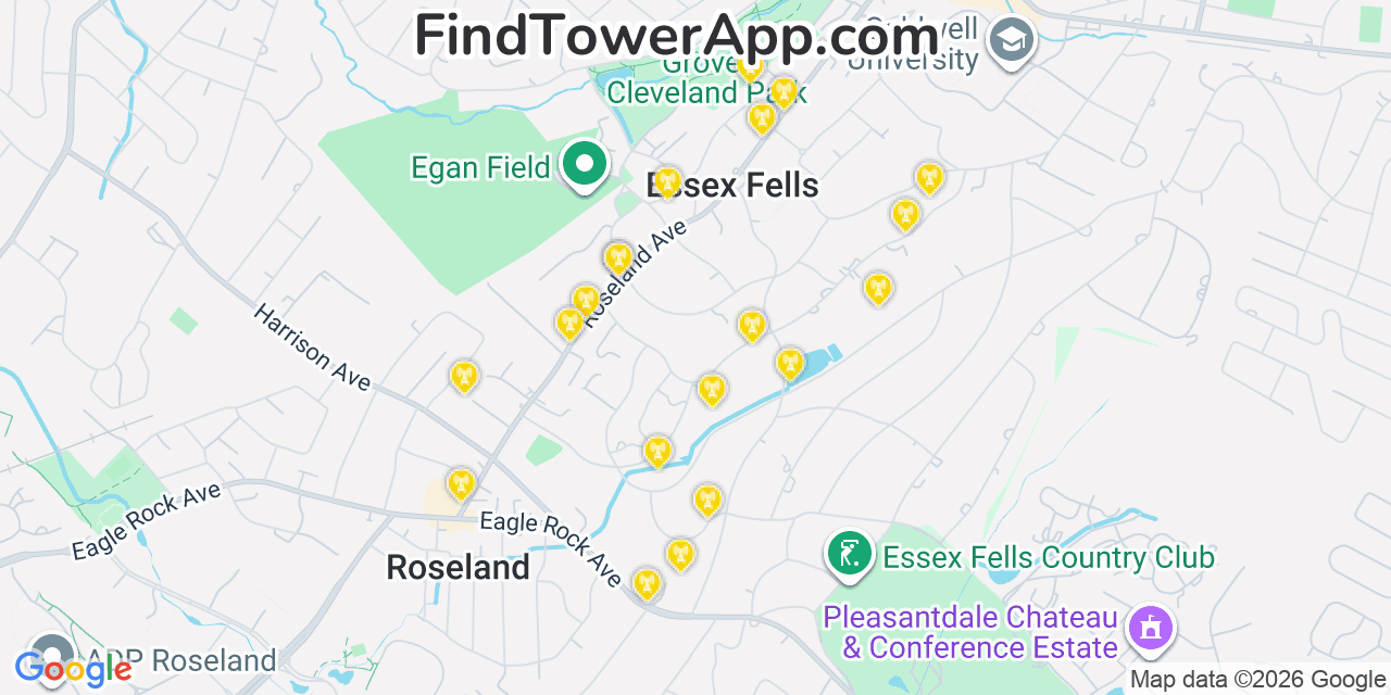 Map showing the 20 primary cell tower locations detected in Essex Fells, New Jersey from AT&T, Verizon, and T-Mobile networks