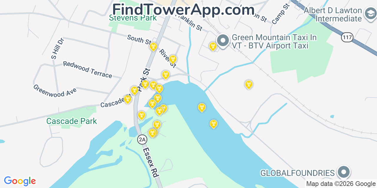 Map showing the 20 primary cell tower locations detected in Essex Junction, Vermont from AT&T, Verizon, and T-Mobile networks