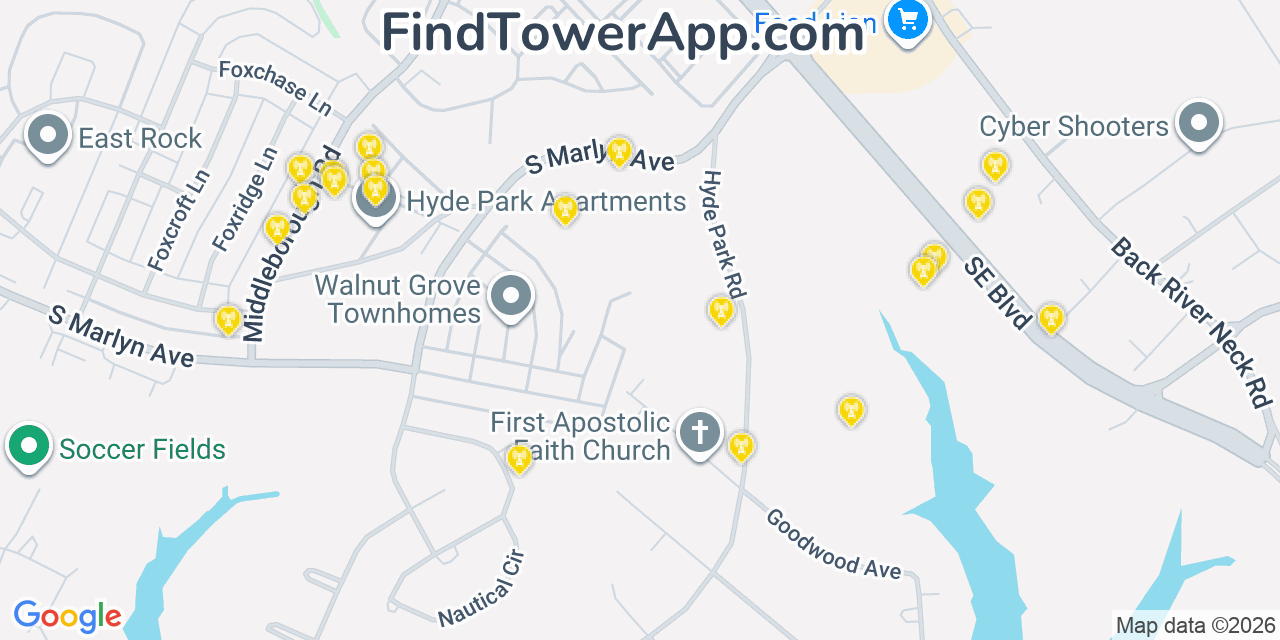 Map showing the 20 primary cell tower locations detected in Essex, Maryland from AT&T, Verizon, and T-Mobile networks