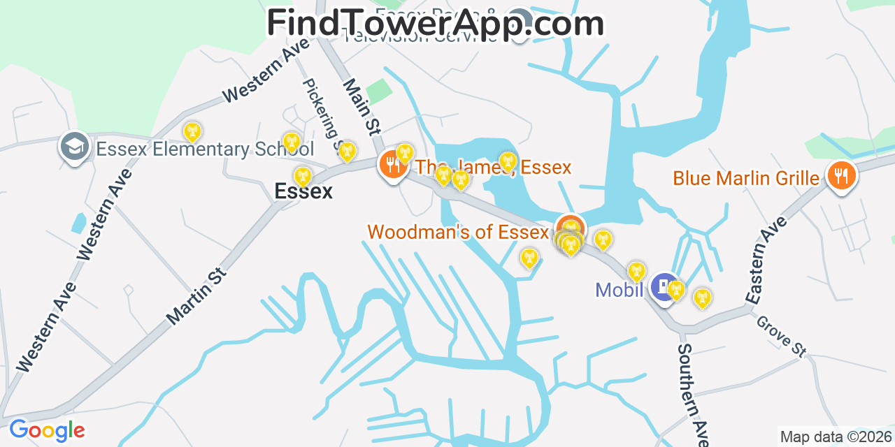 Map showing the 20 primary cell tower locations detected in Essex, Massachusetts from AT&T, Verizon, and T-Mobile networks