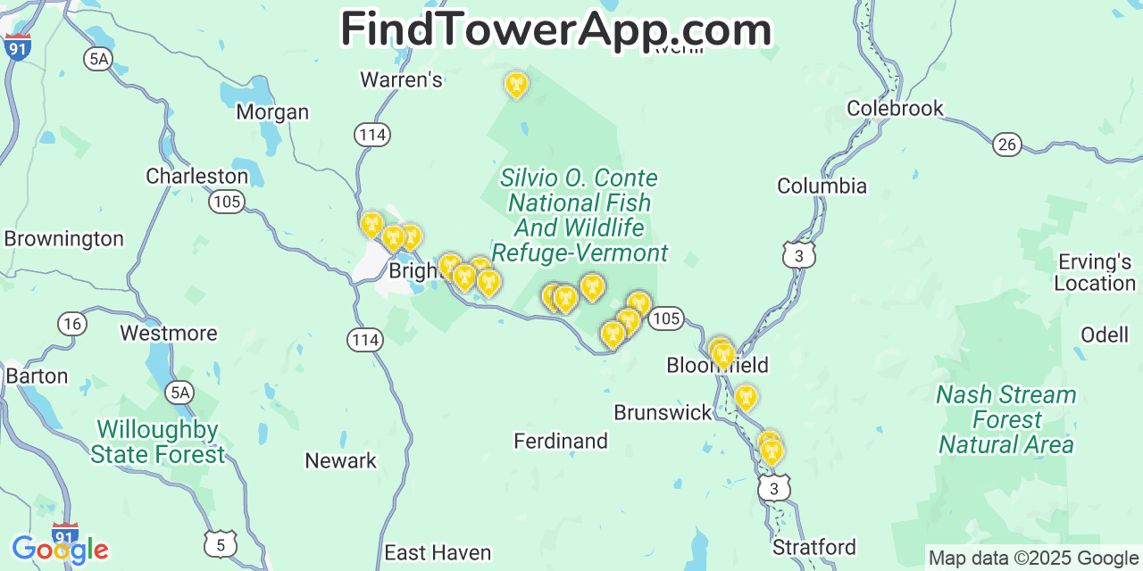Map showing the 20 primary AT&T cell tower locations detected in Essex, Vermont with coverage radius and signal strength indicators