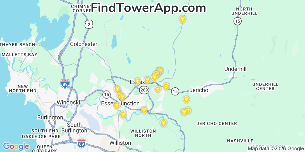 Map showing the 20 primary cell tower locations detected in Essex, Vermont from AT&T, Verizon, and T-Mobile networks