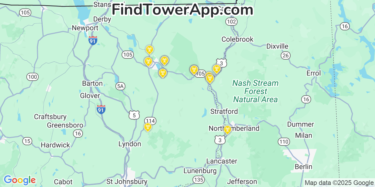 Map showing the 22 primary T-Mobile cell tower locations detected in Essex, Vermont with coverage radius and signal strength indicators