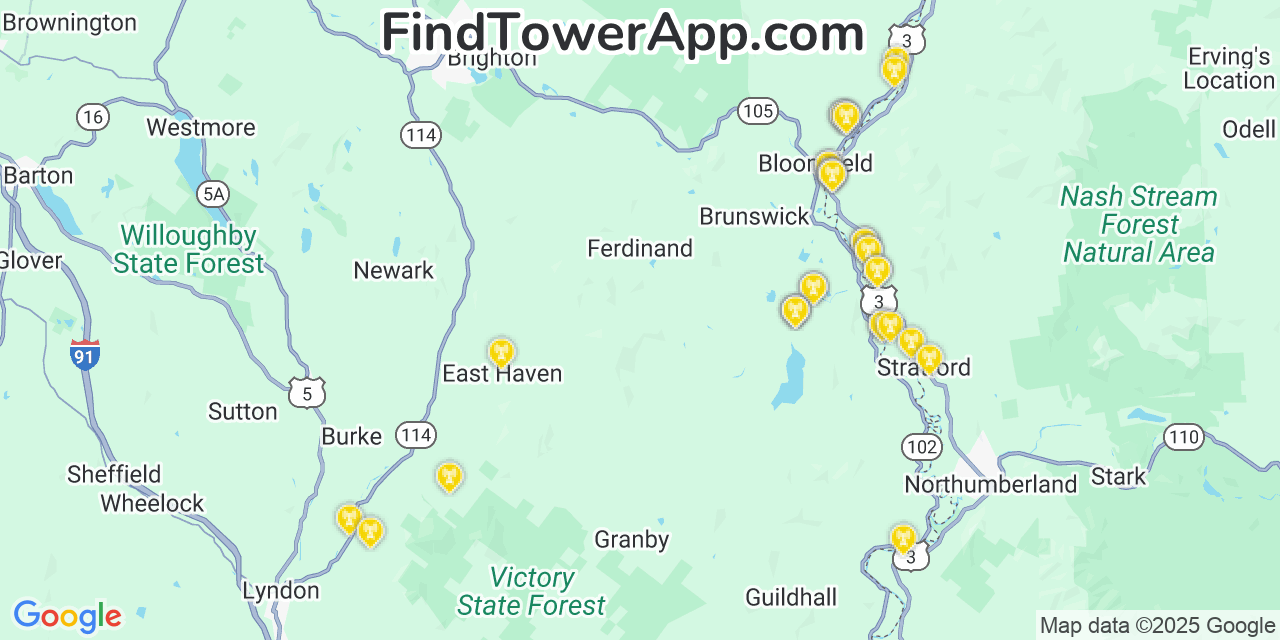Map showing the 20 primary Verizon cell tower locations detected in Essex, Vermont with coverage radius and signal strength indicators