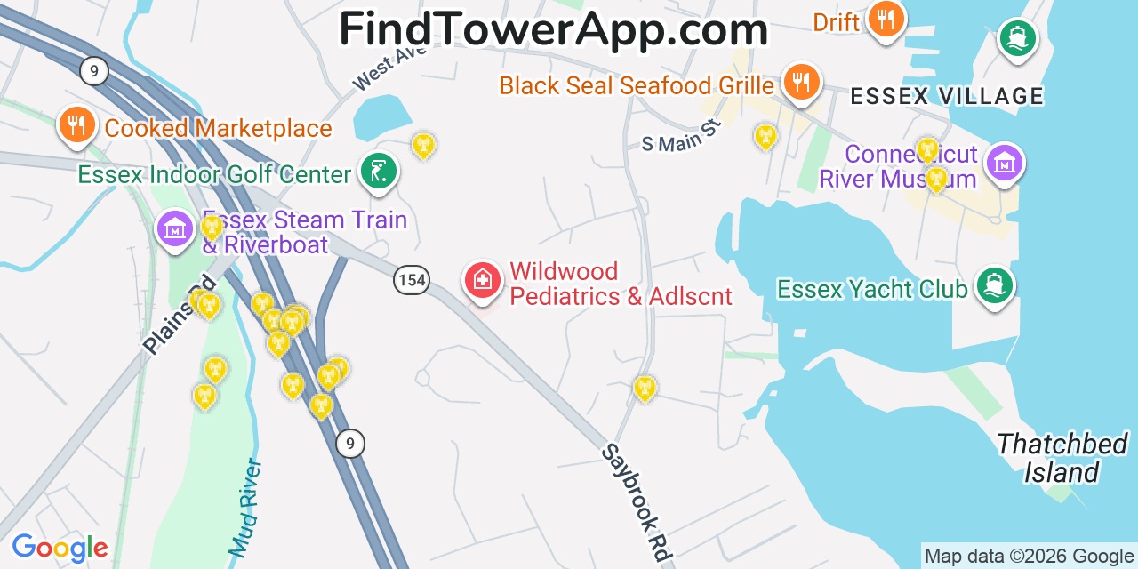 Map showing the 20 primary cell tower locations detected in Essex Village, Connecticut from AT&T, Verizon, and T-Mobile networks