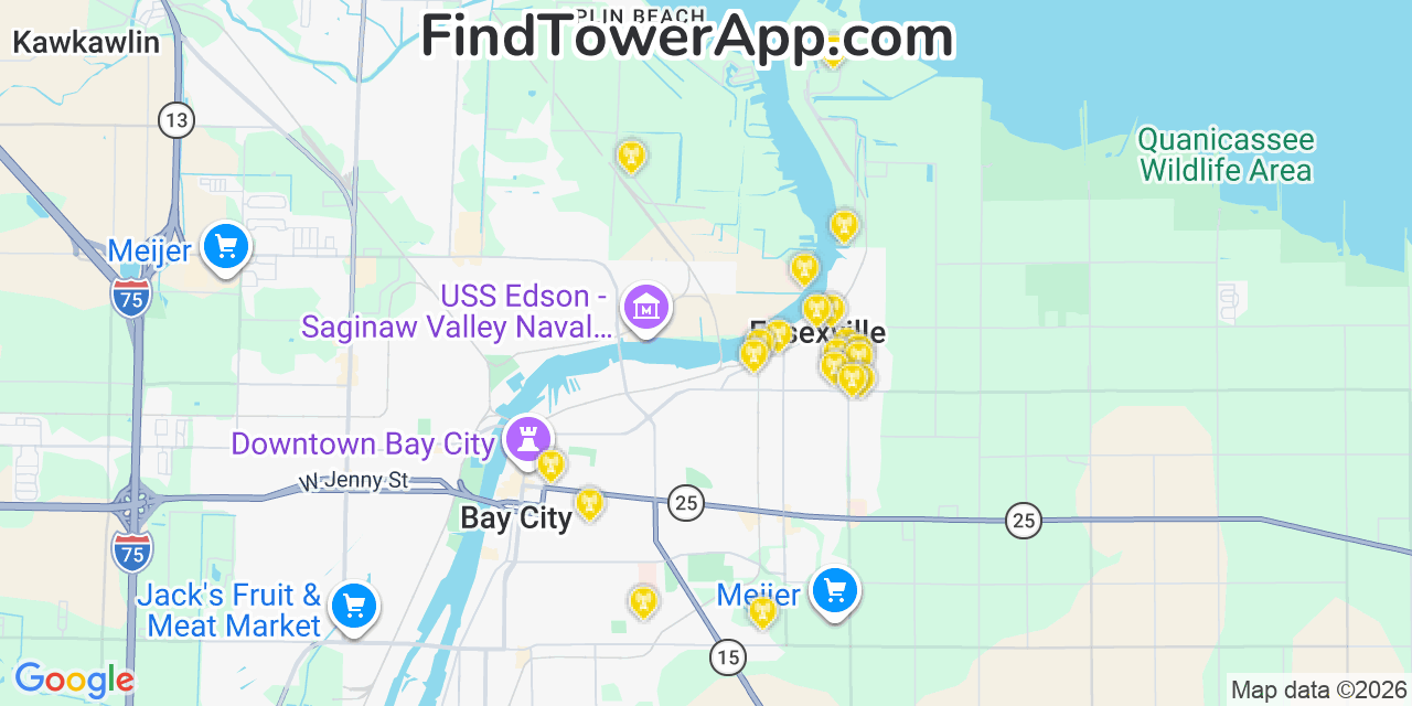Map showing the 20 primary cell tower locations detected in Essexville, Michigan from AT&T, Verizon, and T-Mobile networks