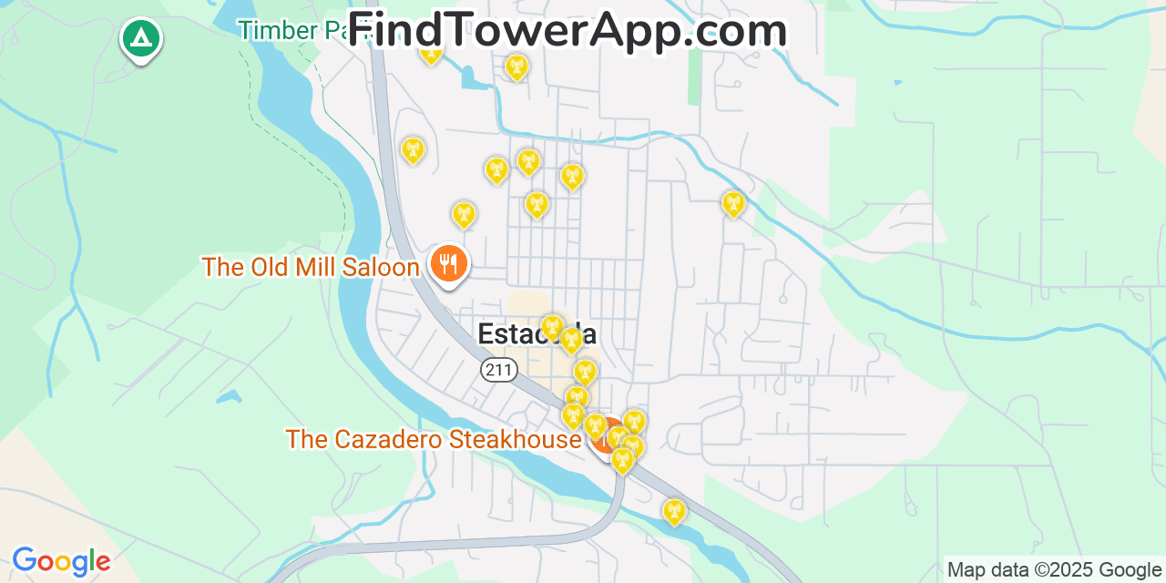 Map showing the 20 primary cell tower locations detected in Estacada, Oregon from AT&T, Verizon, and T-Mobile networks