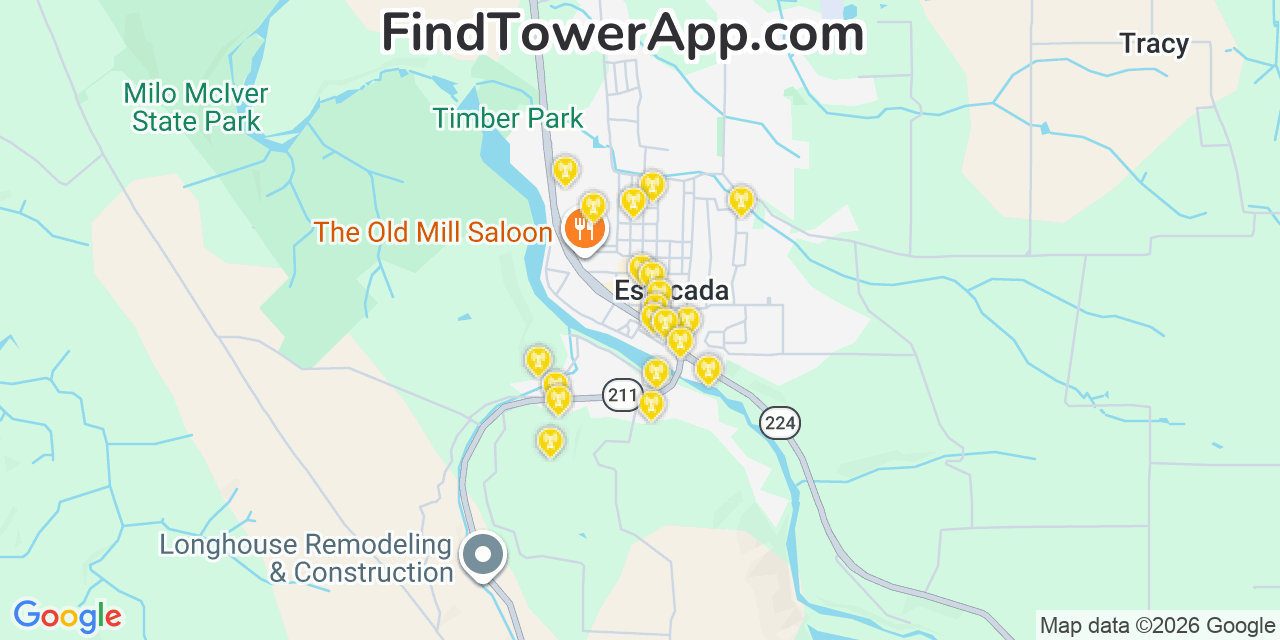 Map showing the 20 primary cell tower locations detected in Estacada, Oregon from AT&T, Verizon, and T-Mobile networks