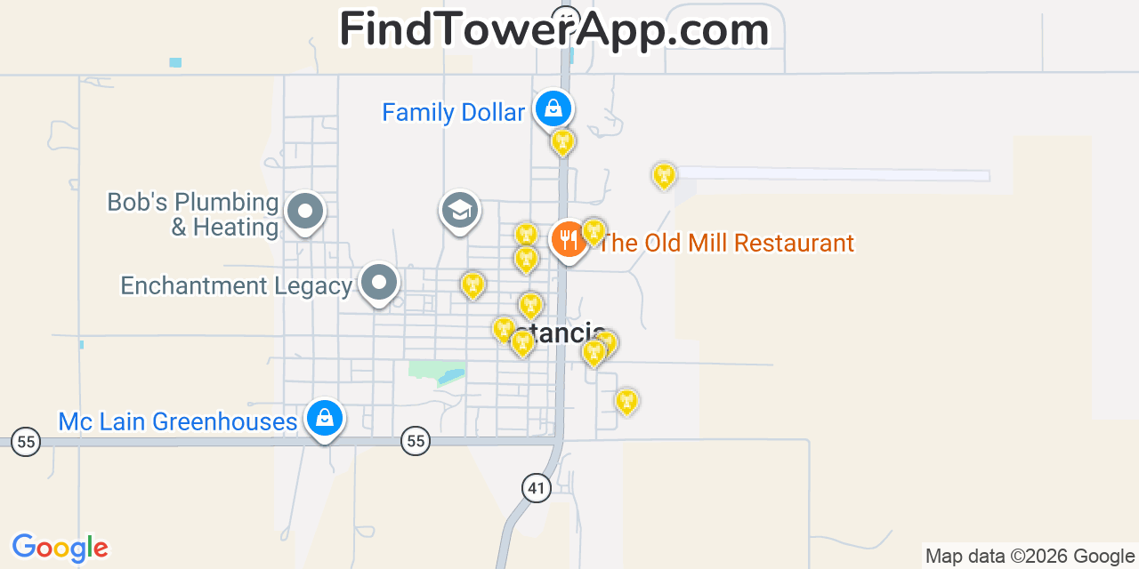 Map showing the 20 primary cell tower locations detected in Estancia, New Mexico from AT&T, Verizon, and T-Mobile networks