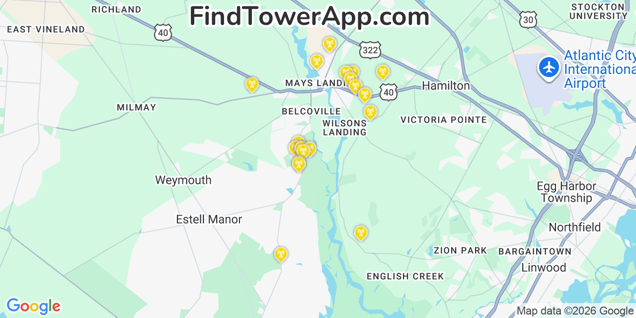 Map showing the 20 primary cell tower locations detected in Estell Manor, New Jersey from AT&T, Verizon, and T-Mobile networks