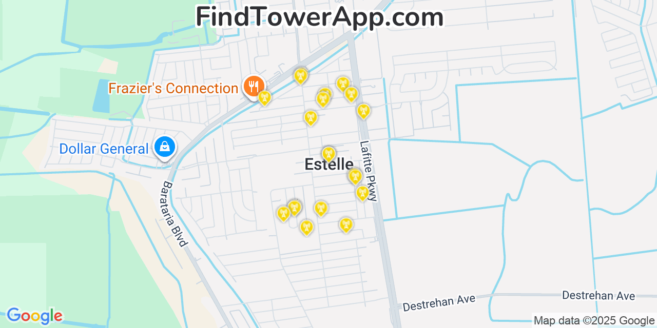 Map showing the 20 primary cell tower locations detected in Estelle, Louisiana from AT&T, Verizon, and T-Mobile networks