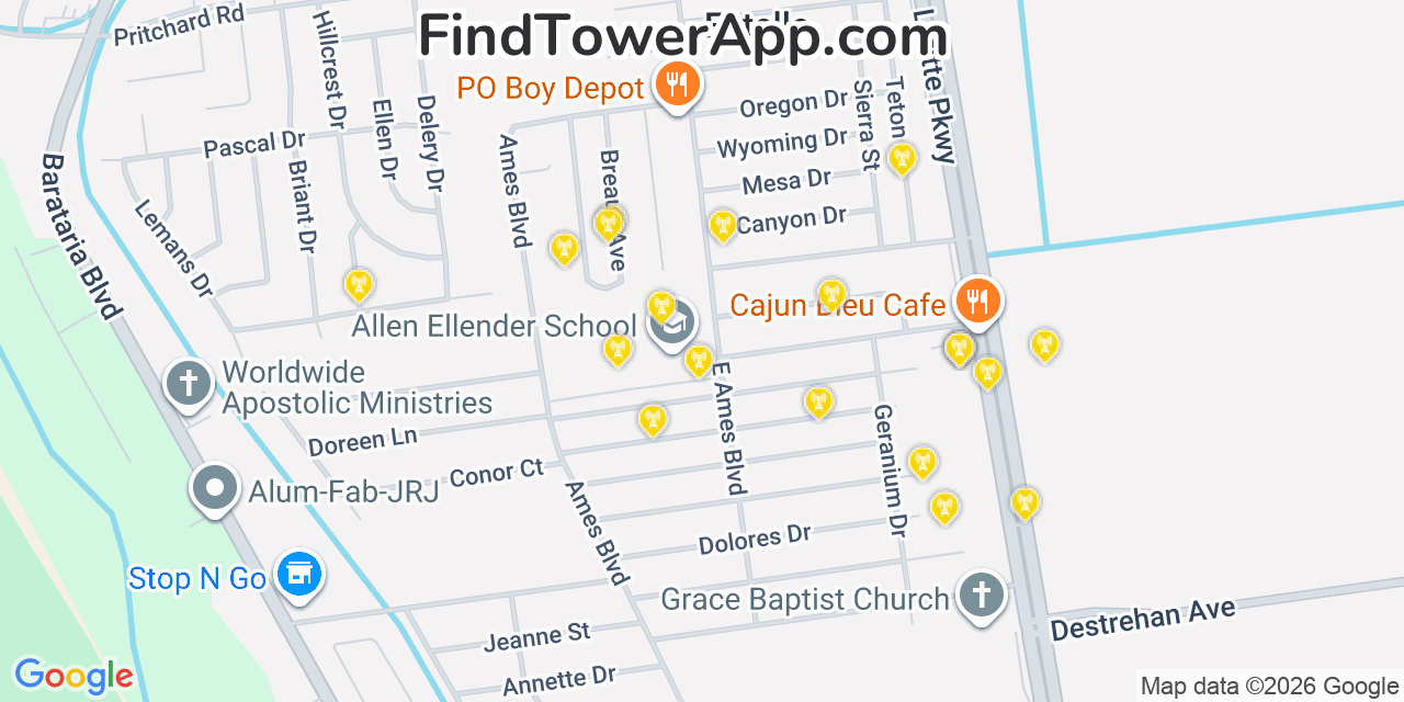 Map showing the 20 primary cell tower locations detected in Estelle, Louisiana from AT&T, Verizon, and T-Mobile networks
