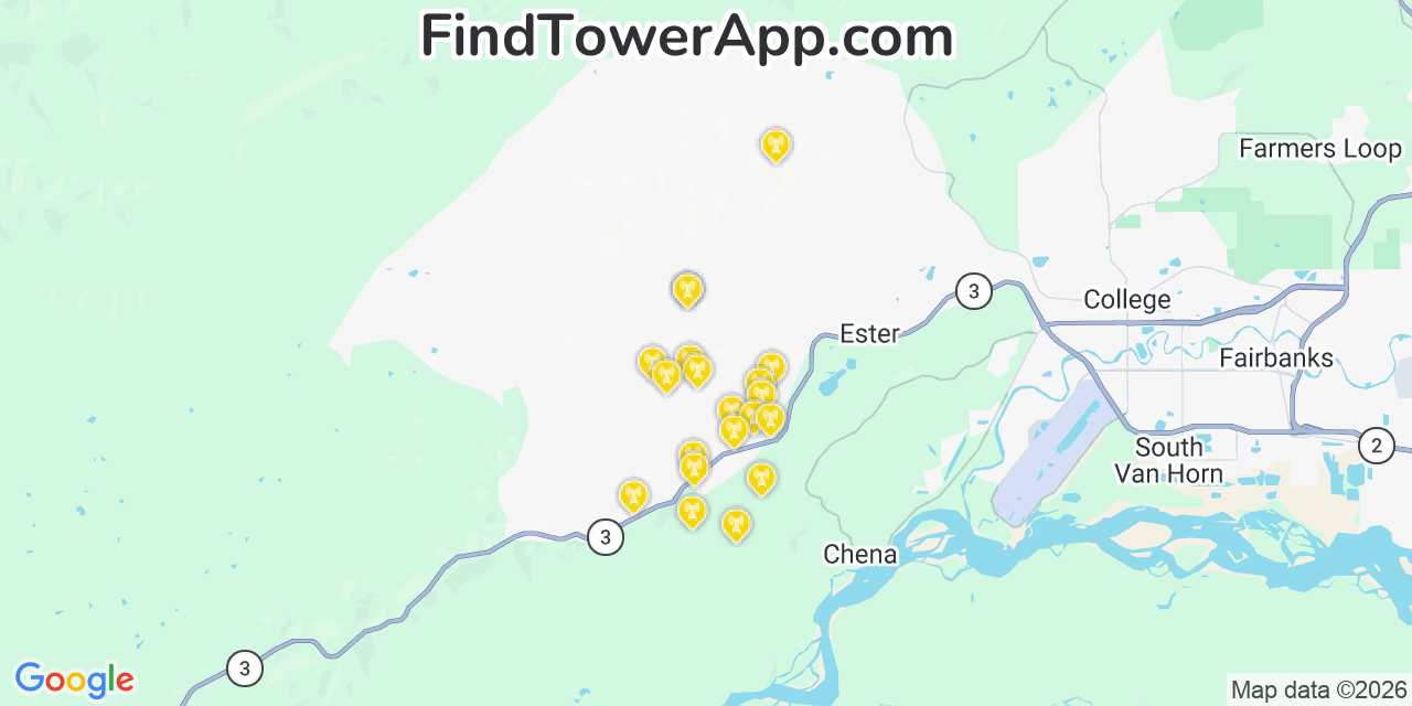 Map showing the 20 primary cell tower locations detected in Ester, Alaska from AT&T, Verizon, and T-Mobile networks