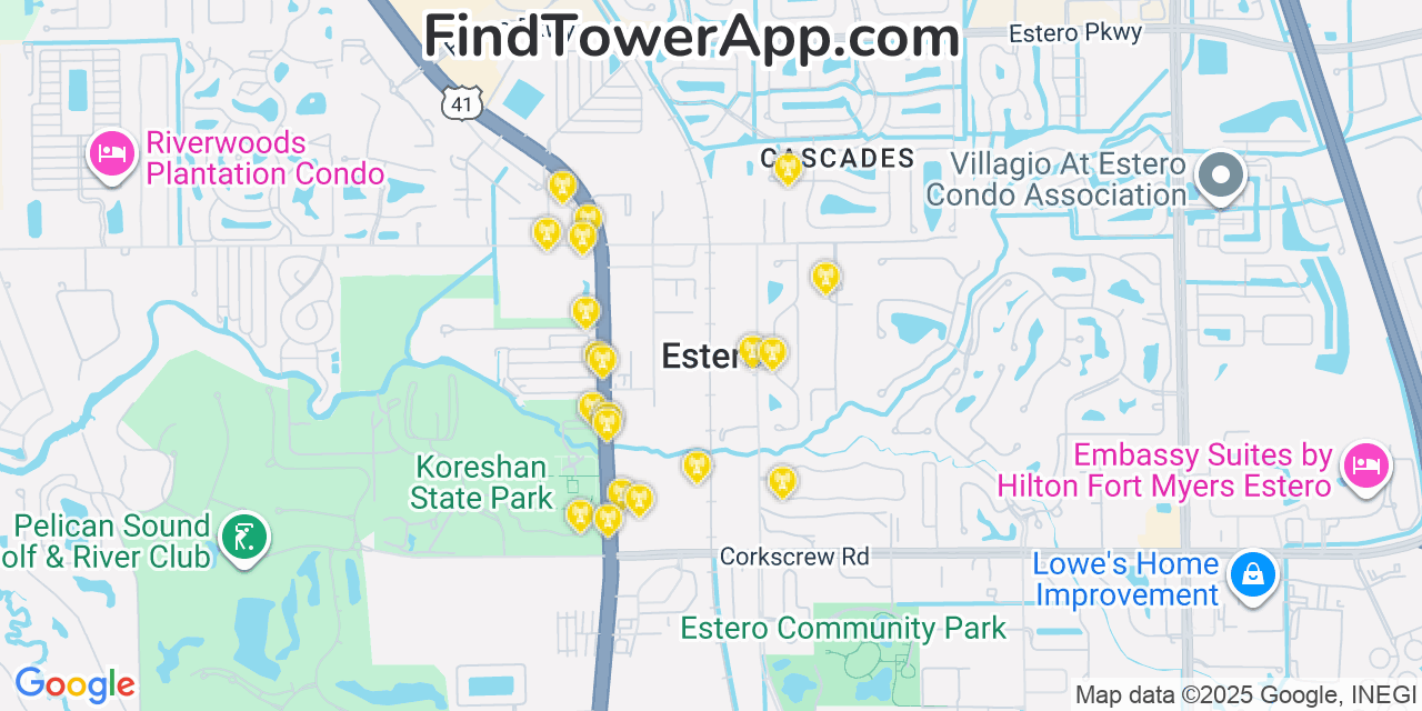 Map showing the 20 primary cell tower locations detected in Estero, Florida from AT&T, Verizon, and T-Mobile networks