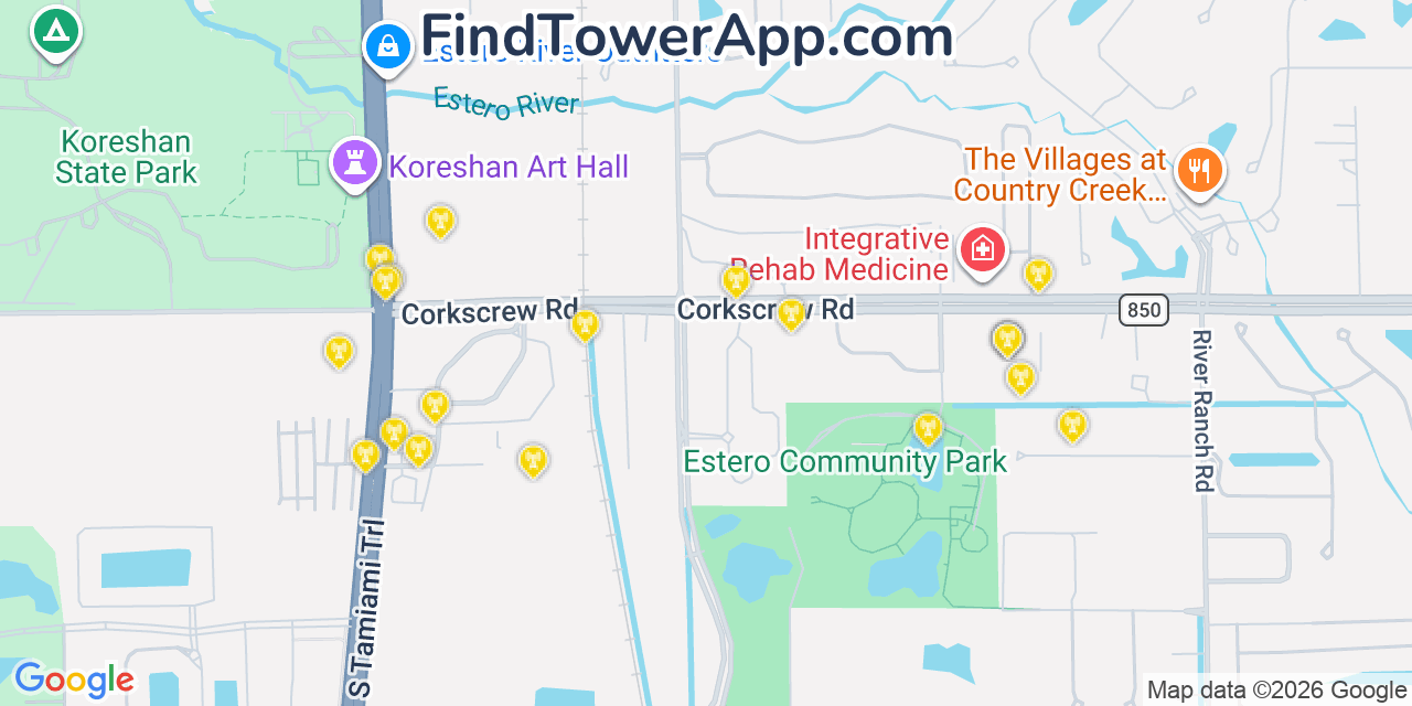 Map showing the 20 primary cell tower locations detected in Estero, Florida from AT&T, Verizon, and T-Mobile networks