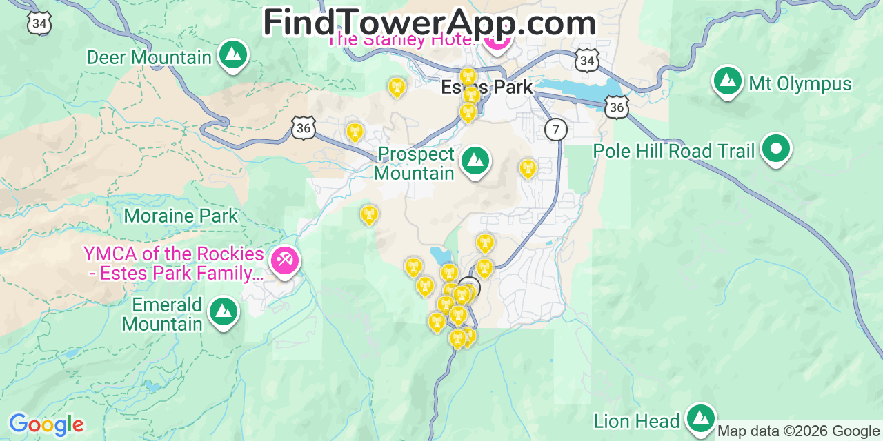 Map showing the 20 primary cell tower locations detected in Estes Park, Colorado from AT&T, Verizon, and T-Mobile networks