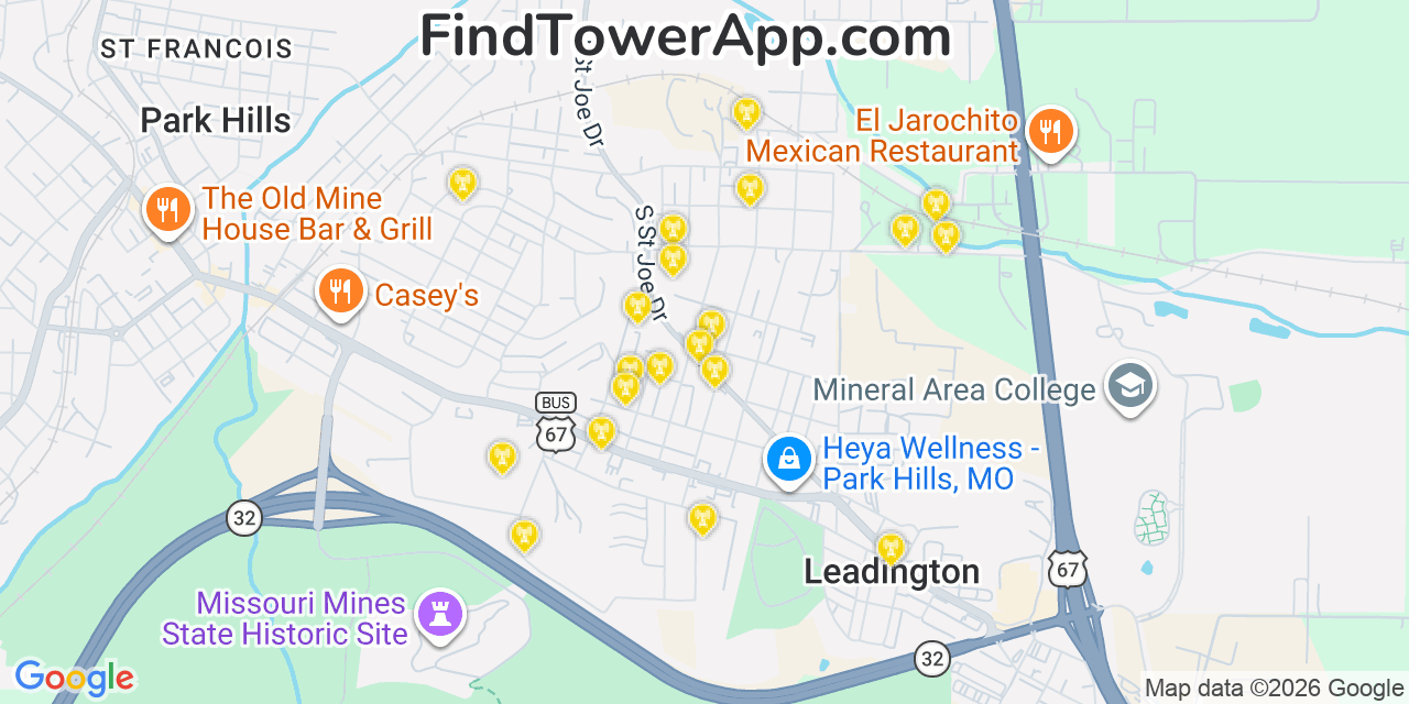 Map showing the 20 primary cell tower locations detected in Esther, Missouri from AT&T, Verizon, and T-Mobile networks