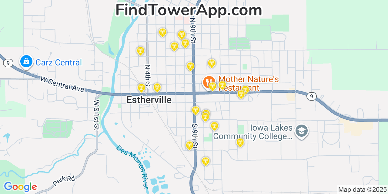 Map showing the 20 primary cell tower locations detected in Estherville, Iowa from AT&T, Verizon, and T-Mobile networks