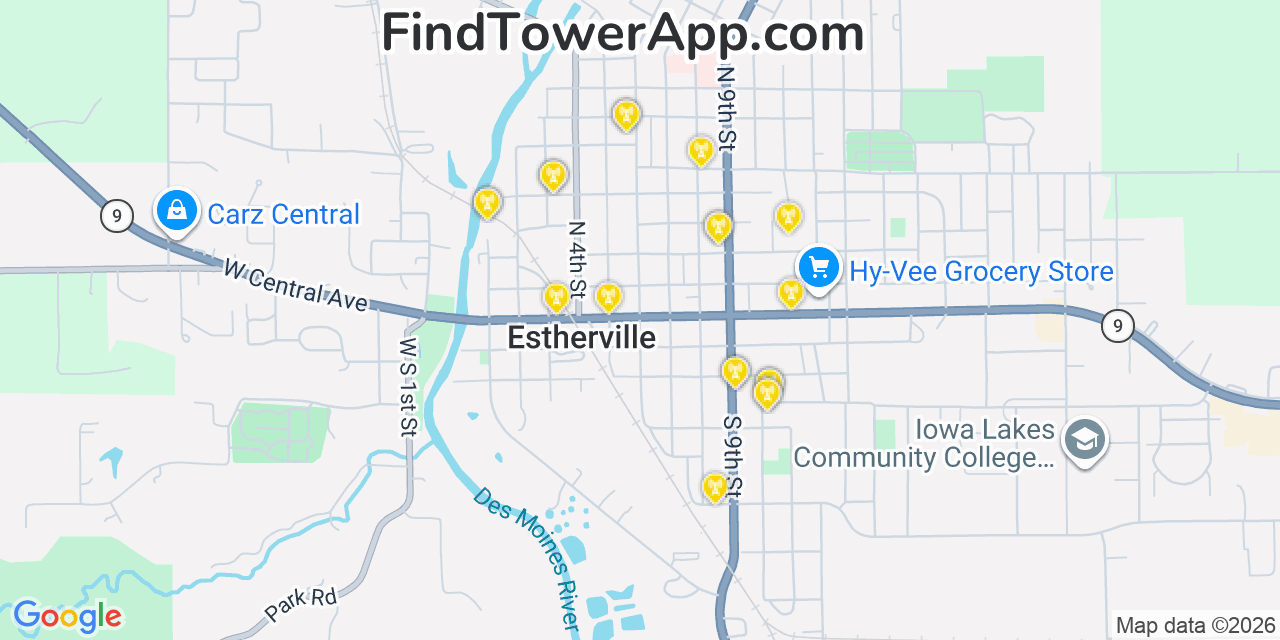 Map showing the 20 primary cell tower locations detected in Estherville, Iowa from AT&T, Verizon, and T-Mobile networks