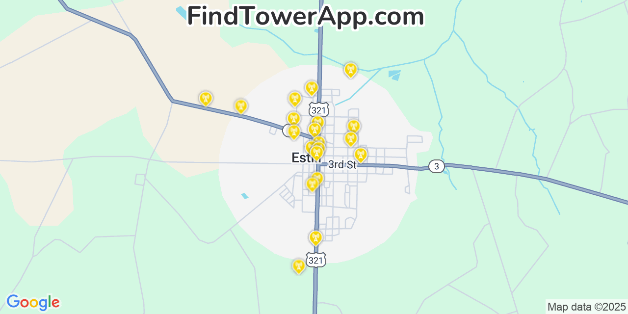 Map showing the 20 primary cell tower locations detected in Estill, South Carolina from AT&T, Verizon, and T-Mobile networks