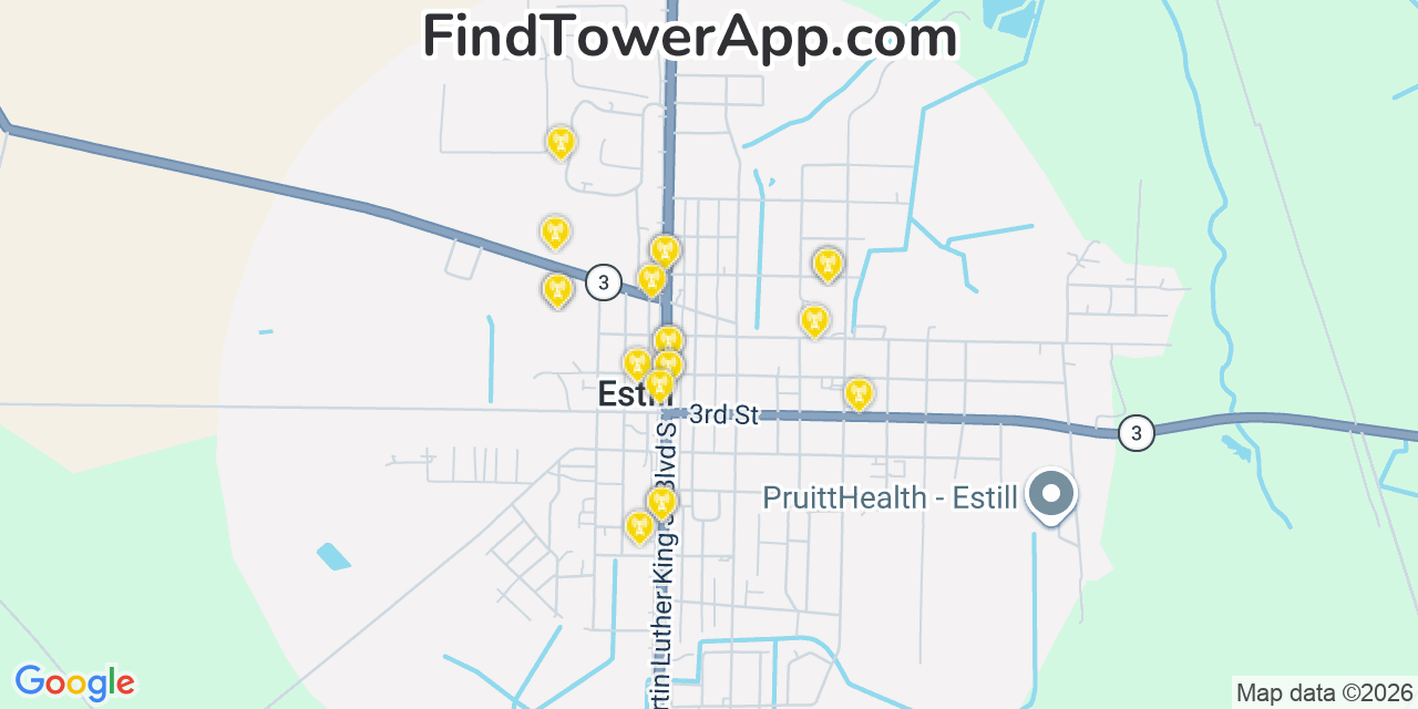 Map showing the 20 primary cell tower locations detected in Estill, South Carolina from AT&T, Verizon, and T-Mobile networks