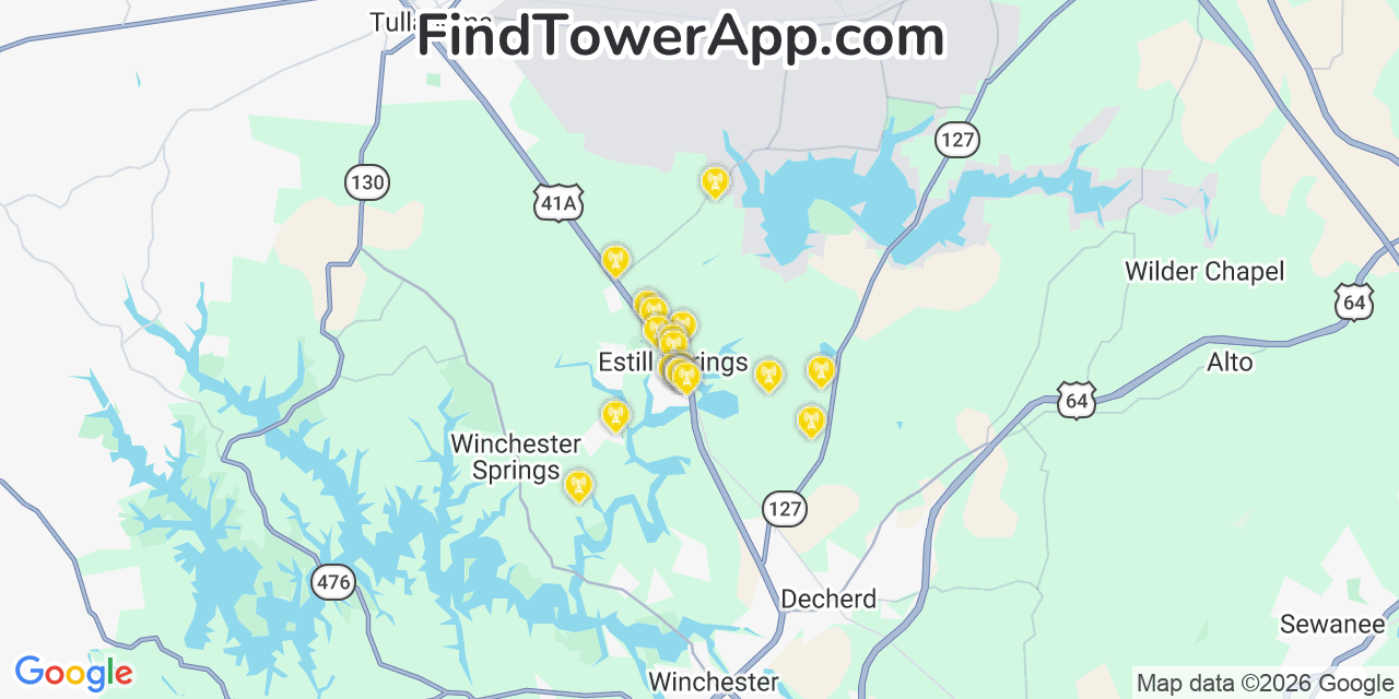 Map showing the 20 primary cell tower locations detected in Estill Springs, Tennessee from AT&T, Verizon, and T-Mobile networks
