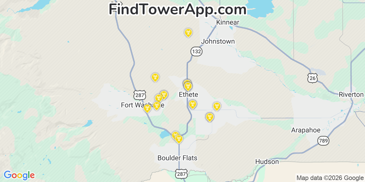 Map showing the 20 primary cell tower locations detected in Ethete, Wyoming from AT&T, Verizon, and T-Mobile networks