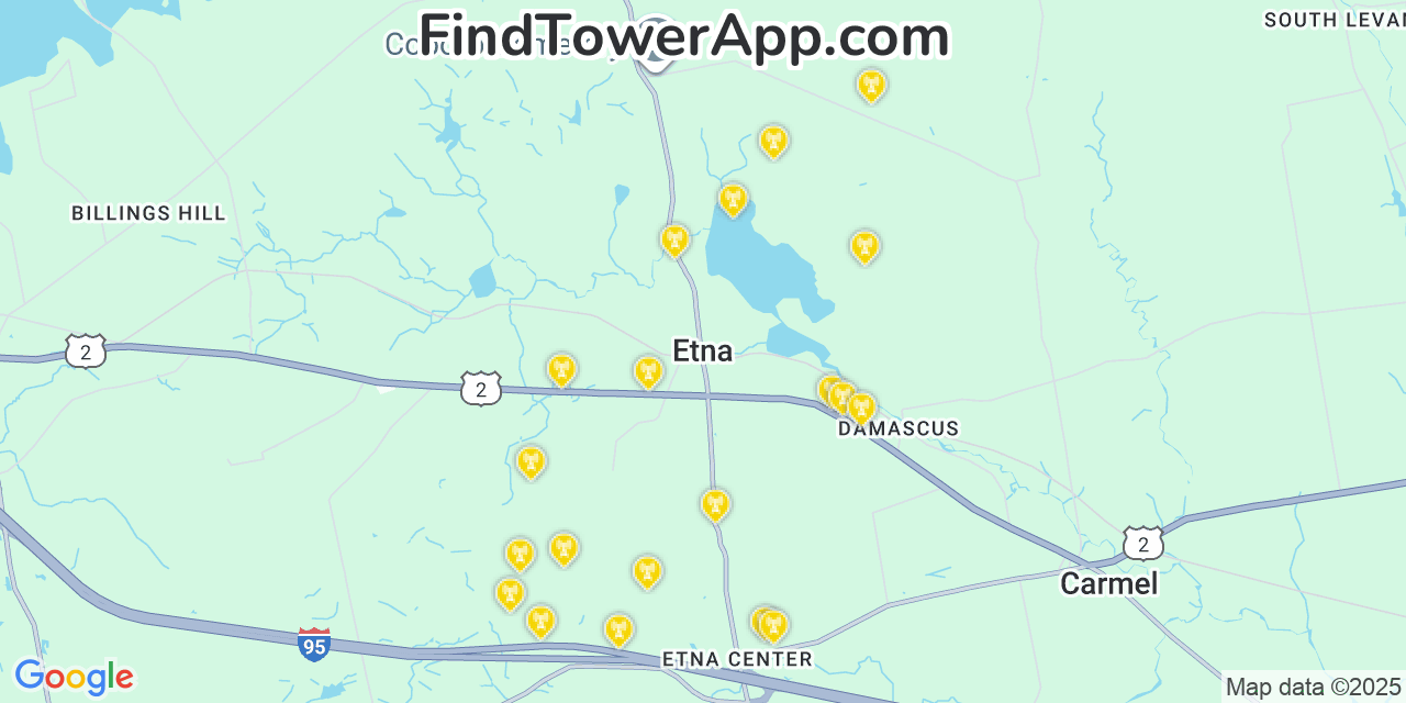 Map showing the 20 primary cell tower locations detected in Etna, Maine from AT&T, Verizon, and T-Mobile networks