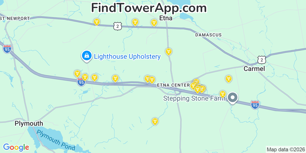 Map showing the 20 primary cell tower locations detected in Etna, Maine from AT&T, Verizon, and T-Mobile networks