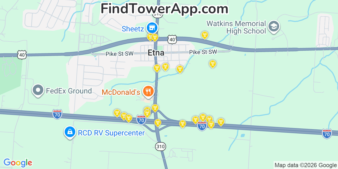 Map showing the 20 primary cell tower locations detected in Etna, Ohio from AT&T, Verizon, and T-Mobile networks