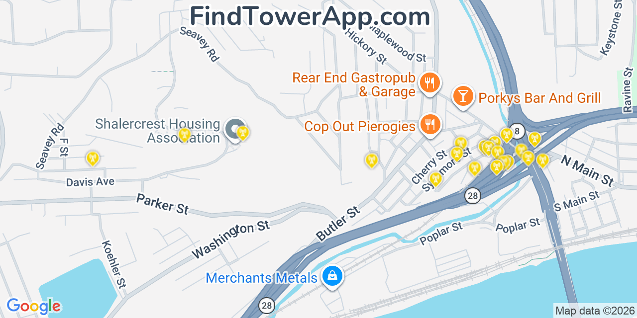 Map showing the 20 primary cell tower locations detected in Etna, Pennsylvania from AT&T, Verizon, and T-Mobile networks
