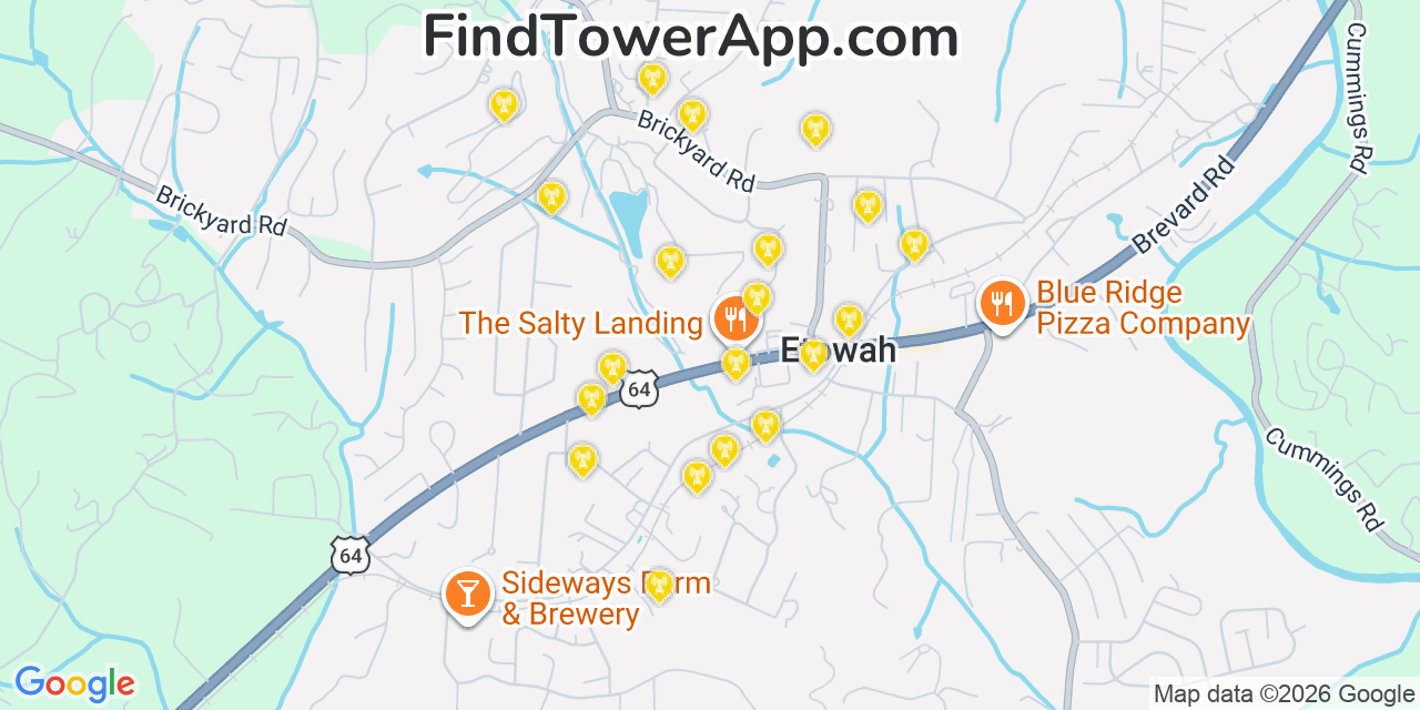 Map showing the 20 primary cell tower locations detected in Etowah, North Carolina from AT&T, Verizon, and T-Mobile networks