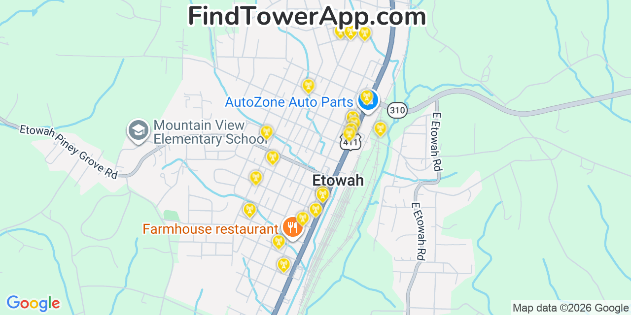 Map showing the 20 primary cell tower locations detected in Etowah, Tennessee from AT&T, Verizon, and T-Mobile networks