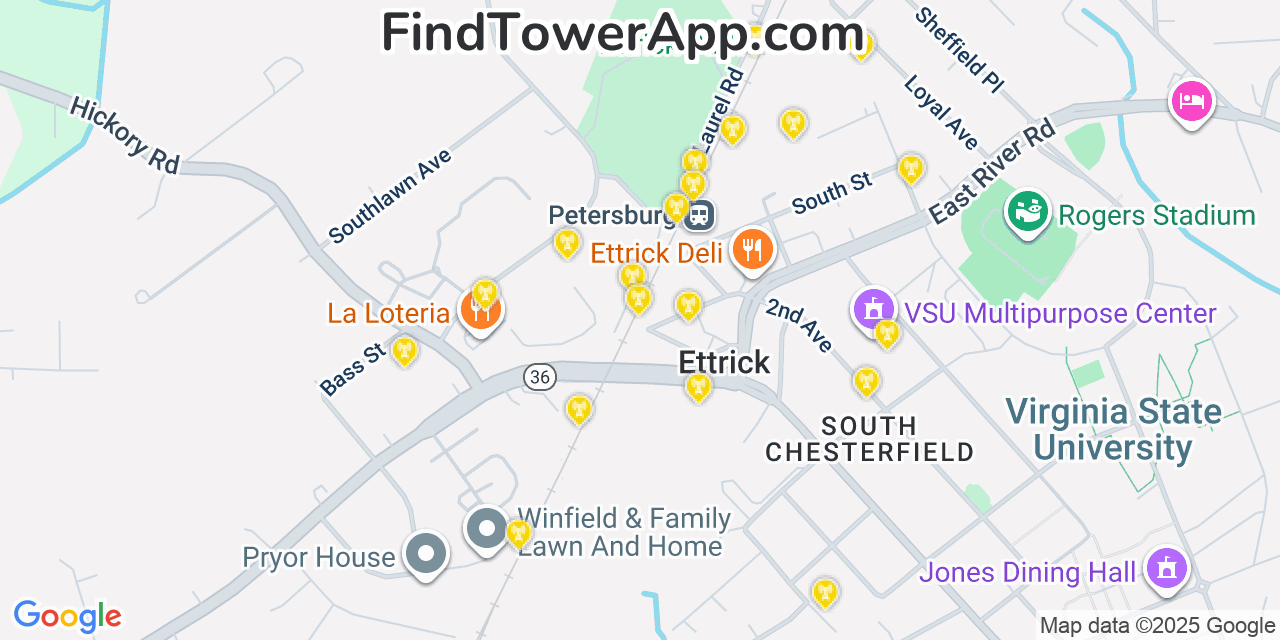 Map showing the 20 primary cell tower locations detected in Ettrick, Virginia from AT&T, Verizon, and T-Mobile networks