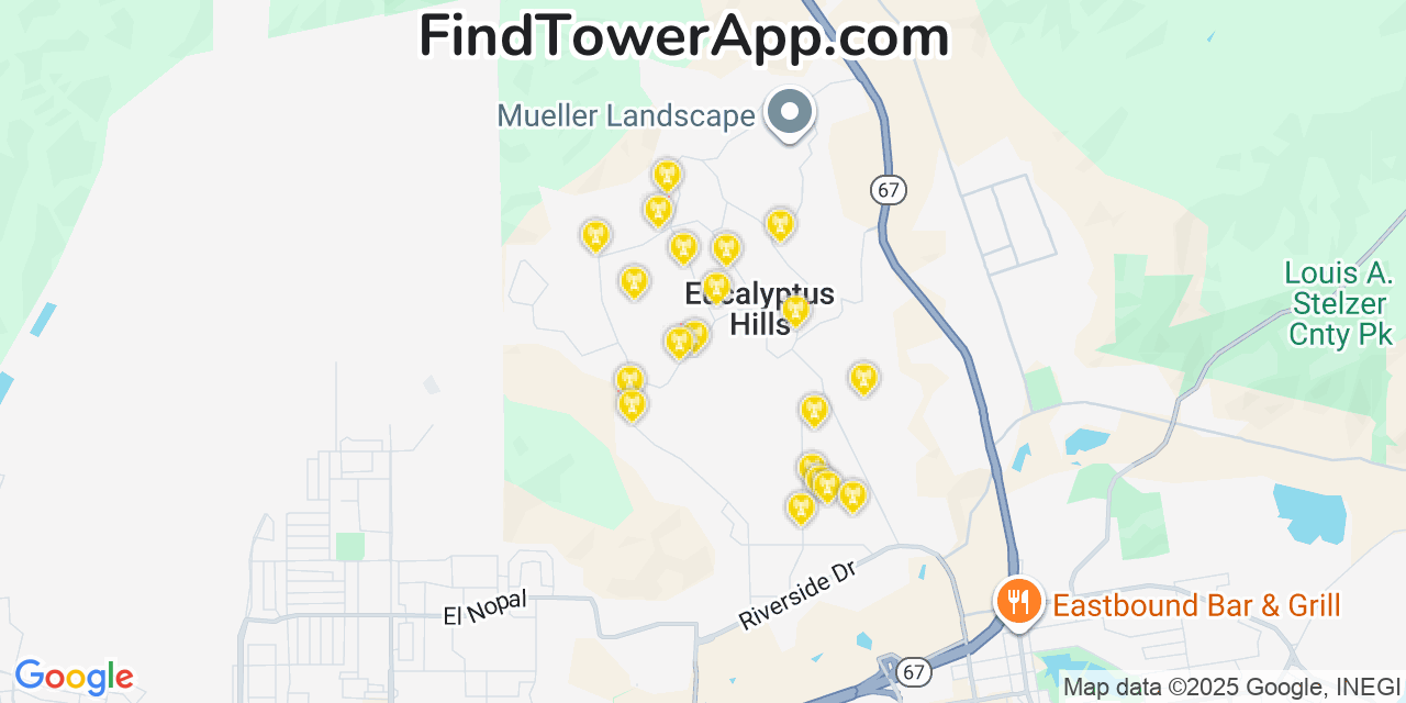 Map showing the 20 primary cell tower locations detected in Eucalyptus Hills, California from AT&T, Verizon, and T-Mobile networks