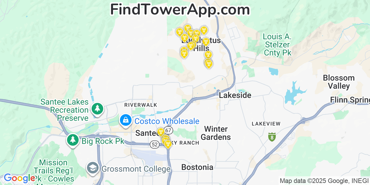 Map showing the 20 primary cell tower locations detected in Eucalyptus Hills, California from AT&T, Verizon, and T-Mobile networks