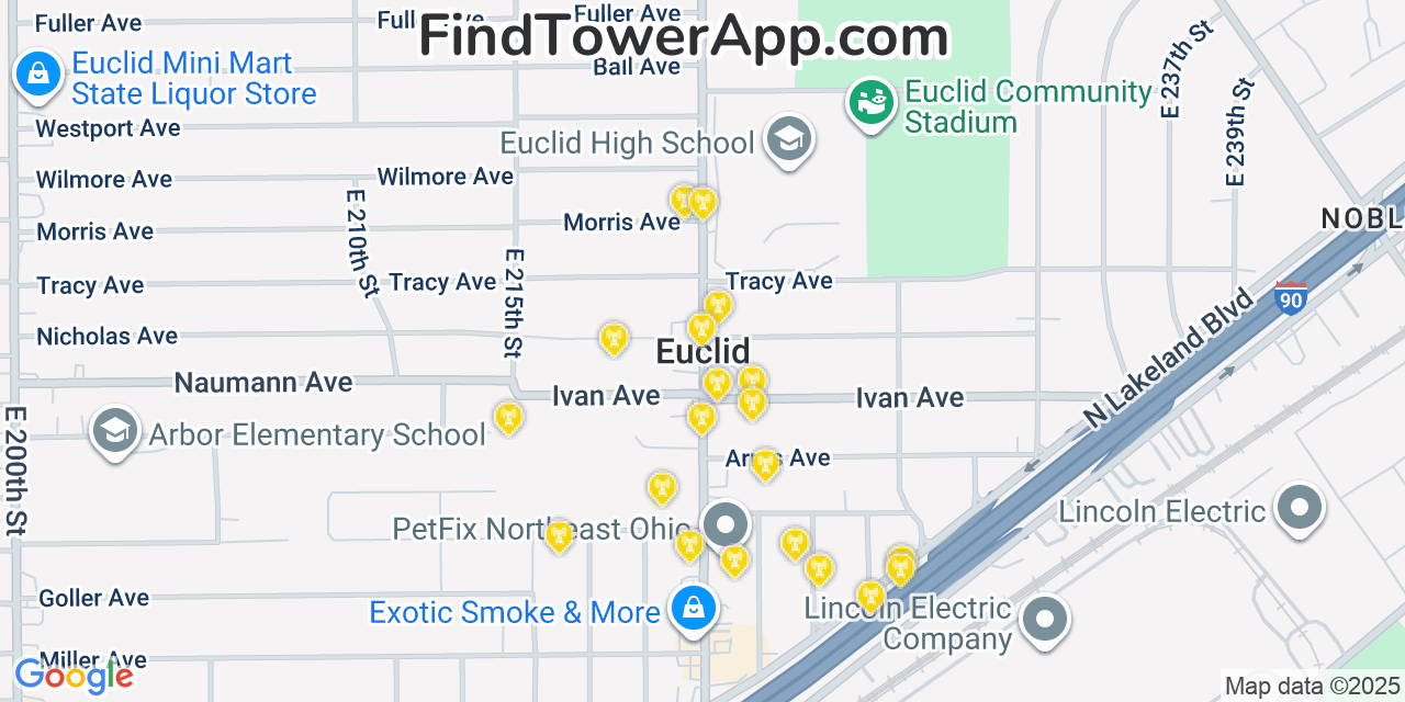 Map showing the 20 primary cell tower locations detected in Euclid, Ohio from AT&T, Verizon, and T-Mobile networks