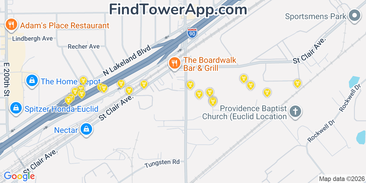 Map showing the 20 primary cell tower locations detected in Euclid, Ohio from AT&T, Verizon, and T-Mobile networks