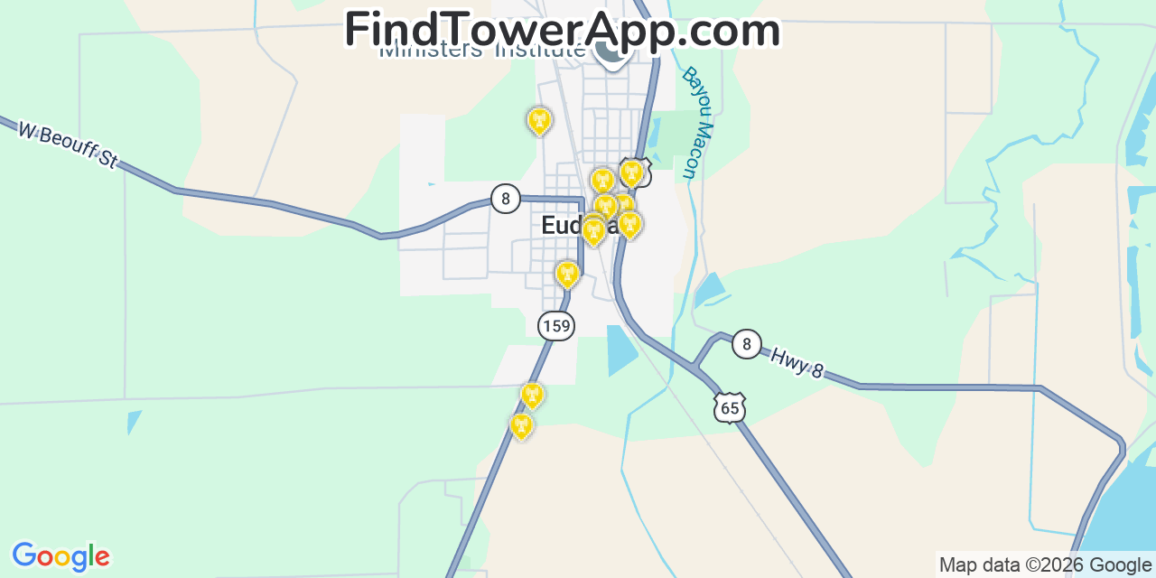 Map showing the 20 primary cell tower locations detected in Eudora, Arkansas from AT&T, Verizon, and T-Mobile networks