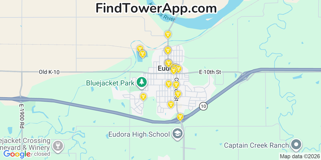Map showing the 20 primary cell tower locations detected in Eudora, Kansas from AT&T, Verizon, and T-Mobile networks