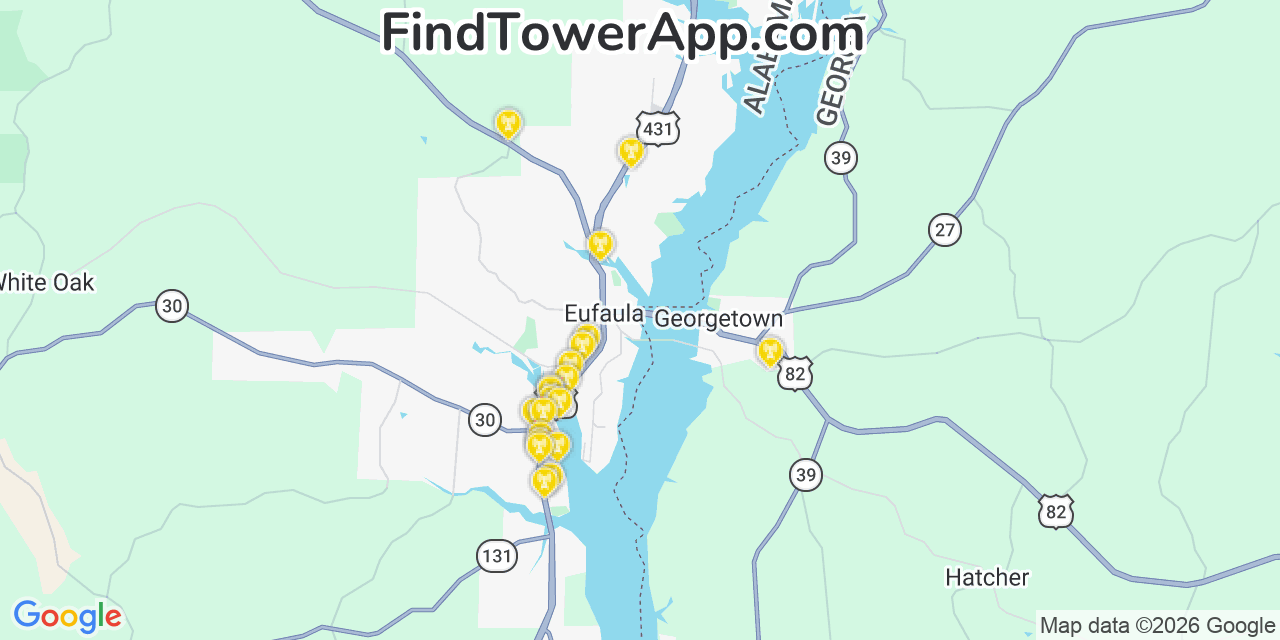Map showing the 20 primary cell tower locations detected in Eufaula, Alabama from AT&T, Verizon, and T-Mobile networks