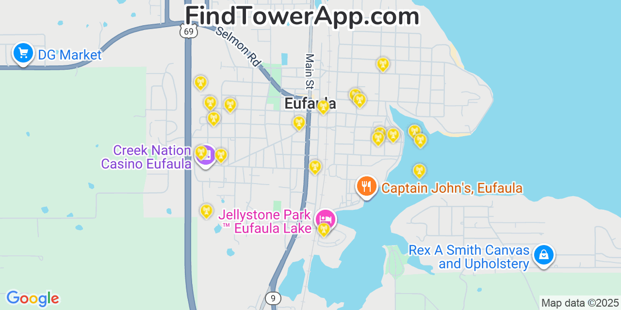 Map showing the 20 primary cell tower locations detected in Eufaula, Oklahoma from AT&T, Verizon, and T-Mobile networks